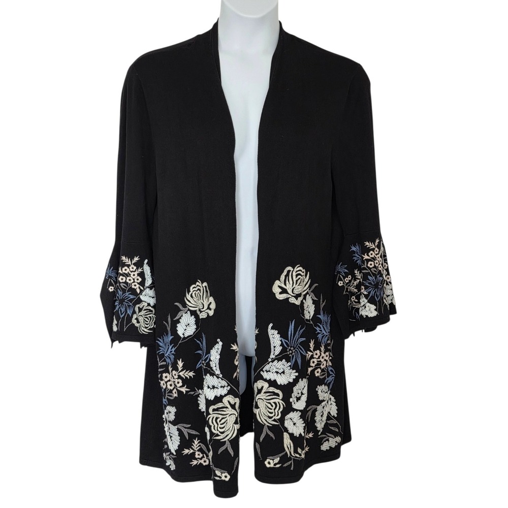 Black Floral Embroidered Sequin Longline Cardigan XL Bell Sleeve Open Front Boho